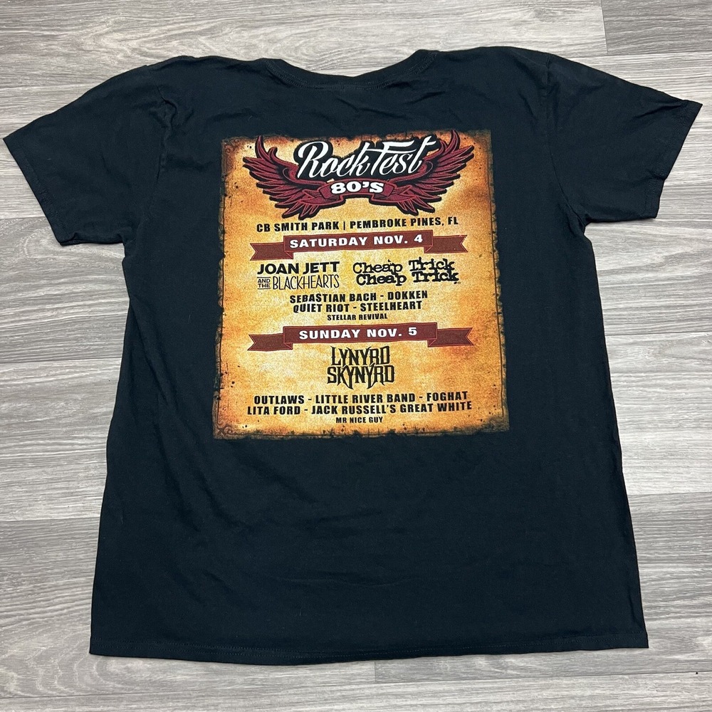 Vintage 80s Rock Fest Band Tee Mens XL/L Black Cheap Trick Lynrd Skynrd